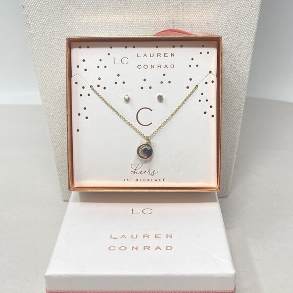 Lauren Conrad Letter C Monogram Necklace & Earring Set Gold-Tone‎ 16" Chain New - Picture 2 of 5
